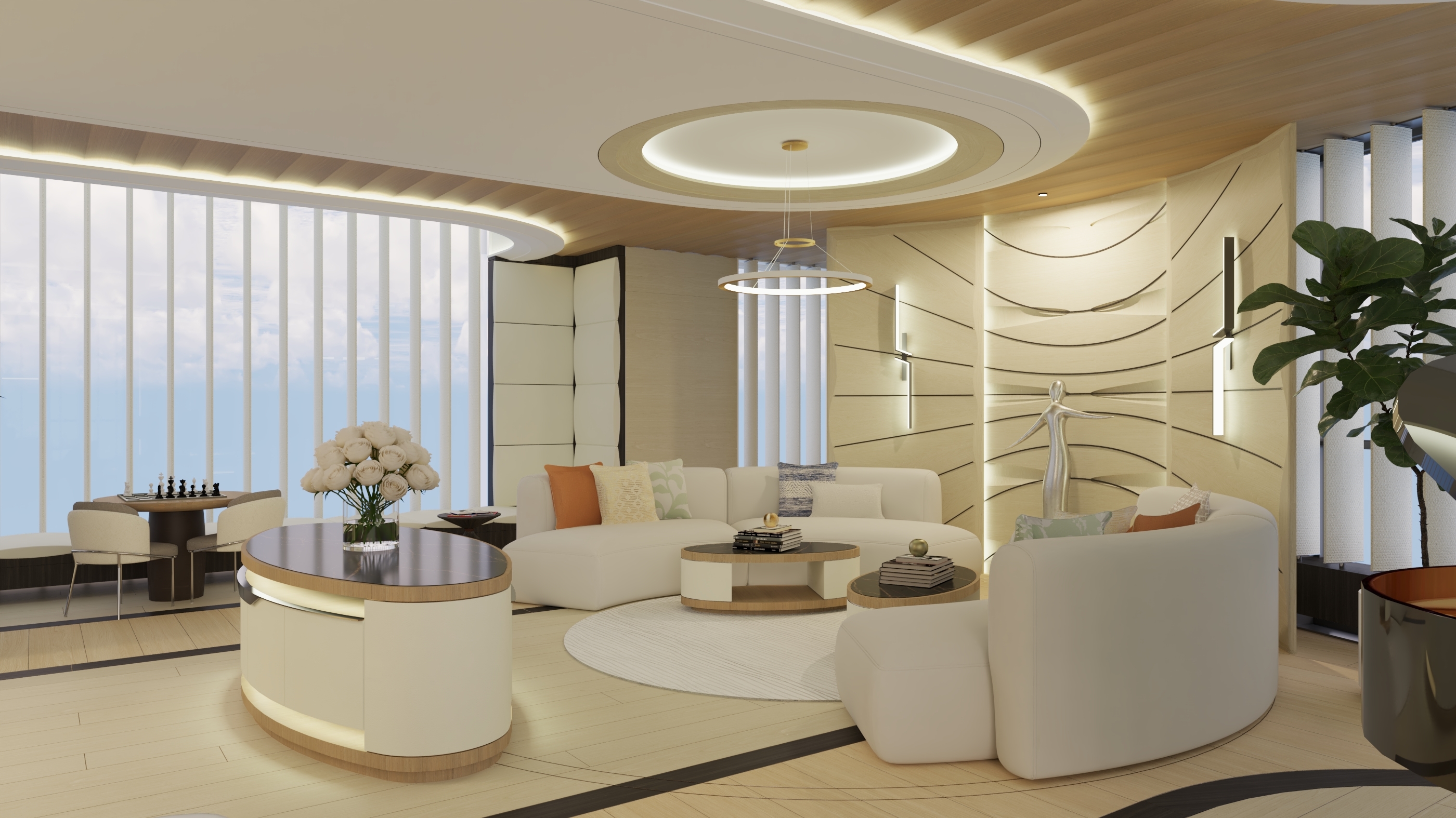 Luxe woonkamer van het Stedelijk Penthouse met panoramisch uitzicht